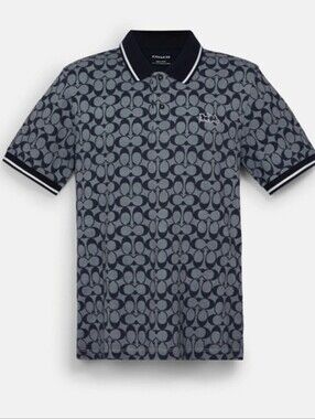 COACH Men's Signature Polo in charcoal featuring the brand's iconic C logo print